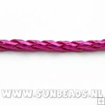 Gevlochten pu leer rond 4mm, 5mtr (metallic fuchsia)