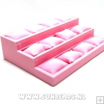 Armband/horloge display, velours, lichtroze, 3 verdiepingen 12 kussentjes