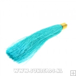 Kwastje satijndraad 90mm turquoise met gouden kapje