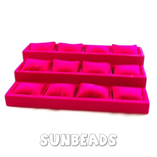 Armband/horloge display, velours, fuchsia, 3 verdiepingen 12 kussentjes - Klik op de afbeelding om het venster te sluiten