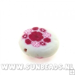 Fimo kraal rond met roze bloemetje (wit)