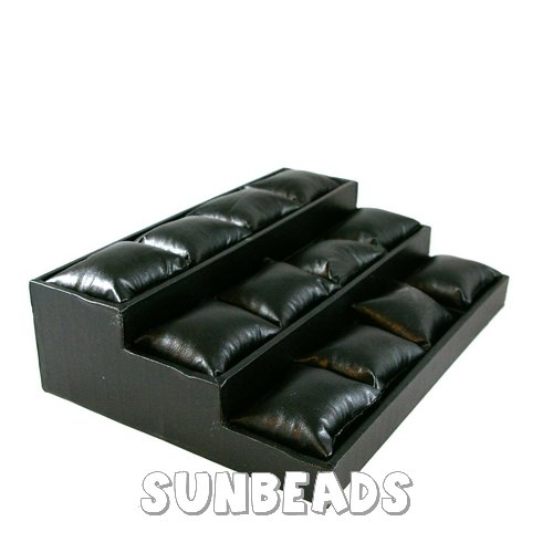 Armband/horloge display, pu leer, zwart, 3 verdiepingen 12 kussentjes - Klik op de afbeelding om het venster te sluiten