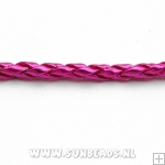 Gevlochten pu leer rond 4mm, 5mtr (metallic fuchsia)